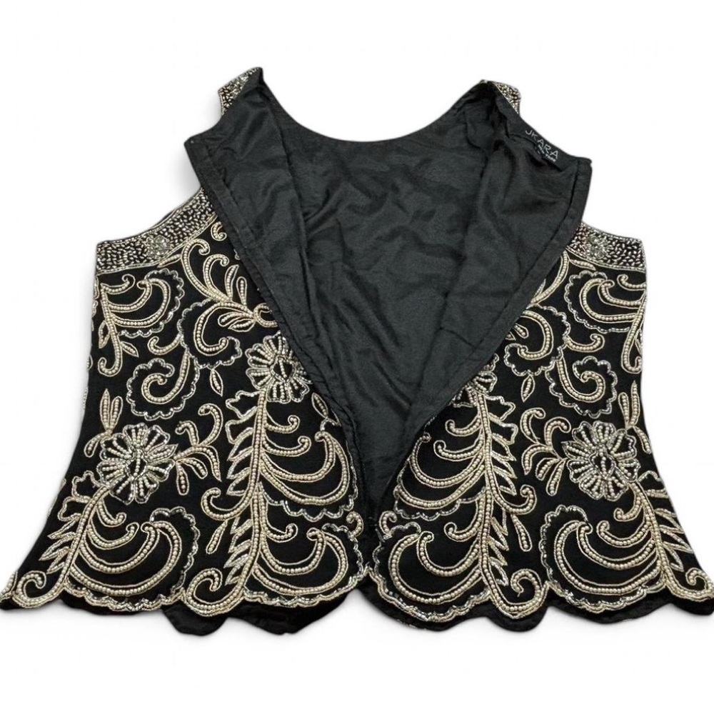 JKARA Black Gold Beaded Tank Top L Scallop Hem Cocktail Party Art Deco Glam - Picture 4 of 8
